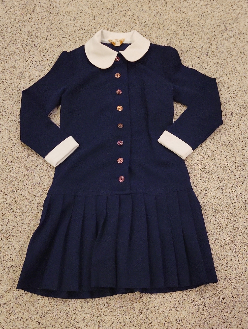 Vintage Butter Knit Navy Blue Peter Pan Collar Mini Dress Pleated Skirt Small